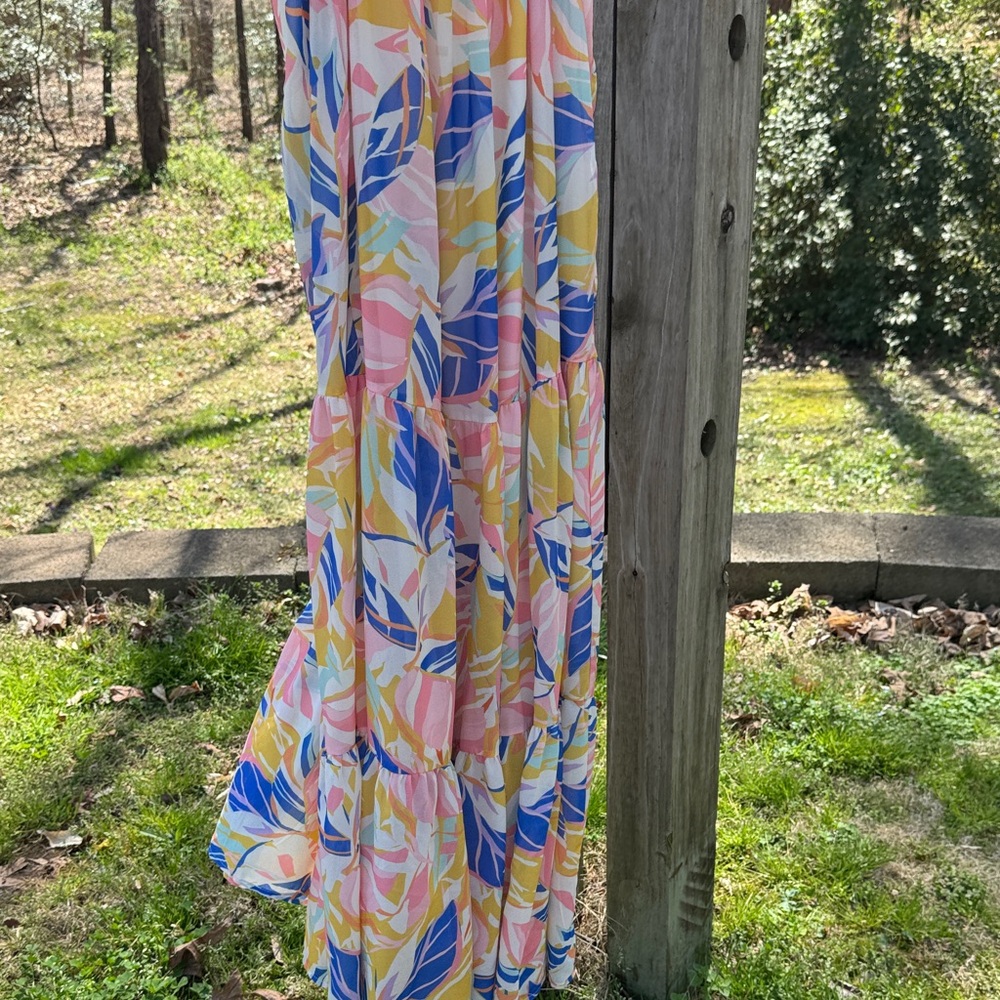 vestique Pink, Blue, Yellow & Cream Ruffle-Top Dress - Picture 9 of 9